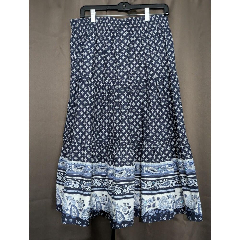 Coldwater Creek Paisley Tiered Midi Skirt Fleur de Lis Sequin Boho Nautical L